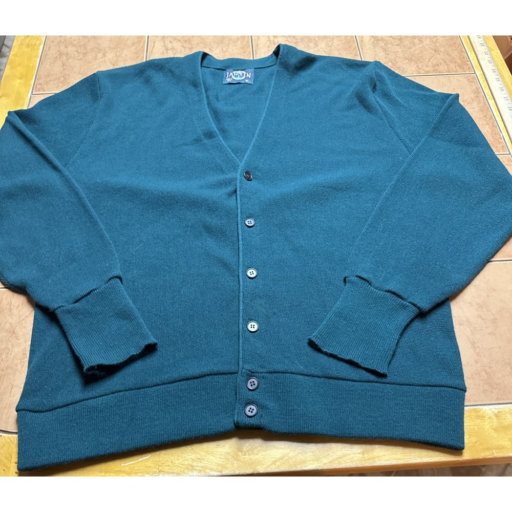 Vintage Jantzen Green Hipster Button Up USA Made‎ Cardigan Sweater Grandpa Sx XL